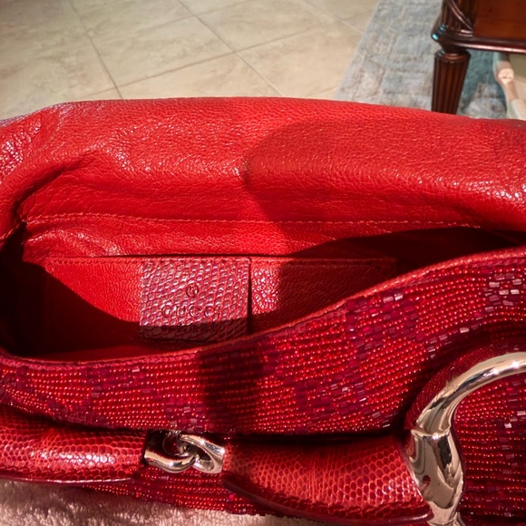 Gucci red Crystal GG beaded handbag with lizard skin and silver horsebit - Picture 9 of 11